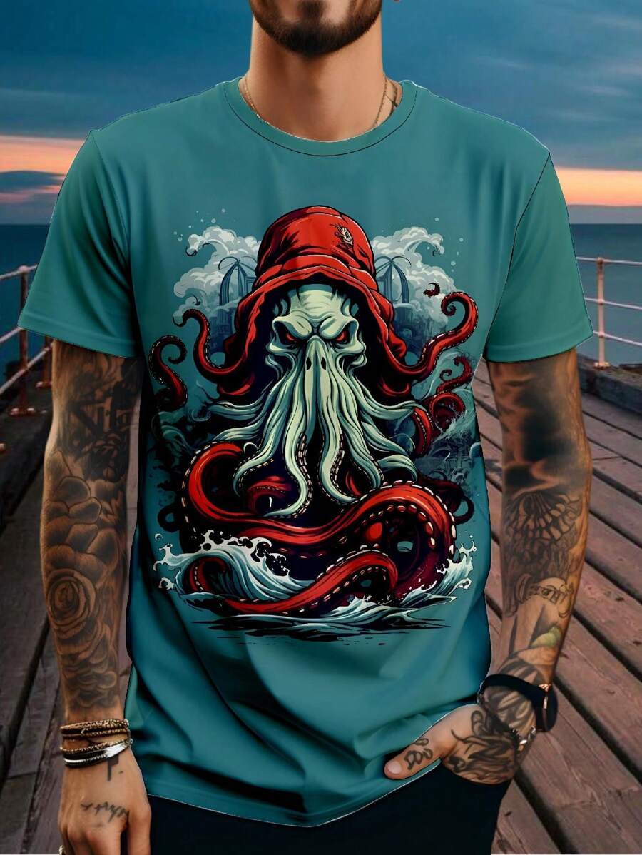 Men's Kraken Polyester T-Shirt Short Sleeve - 青碧色 - 查看 1