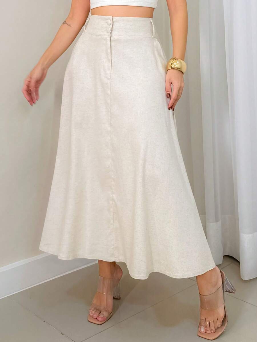 EMILI Women's Tricolino Midi Skirt With Front Closure On Two Buttons And Belt Loop - Be - Xem 1