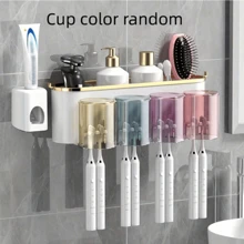 1 Set Multi-Function Toothbrush Holder And Cup Rack, Wall-Mounted Toothpaste & Mouthwash Storage Organizer, With Toothpaste Squeezer, Bathroom Accessories, Excluding Toothbrush Holder (Toothpaste Dispenser Not Included) Bathroom Accessories - Random Color Cup - View 7