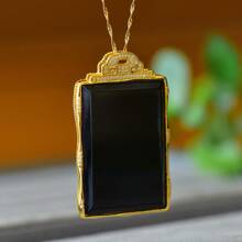 1pc Natural Black Gemstone Peace Necklace Set Pendant, Black Gemstone Gold Plated Inlay, Gold Jade Fashion Jewelry, Fashion Jewelry, Women's Necklace Jewelry, Gem Necklace, Holiday Gifts, Gifts For Her.