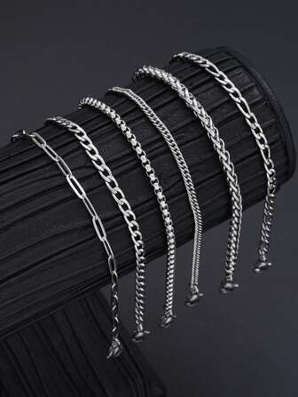 6 件男士休闲不锈钢链式手链套装，适合度假、约会、送礼