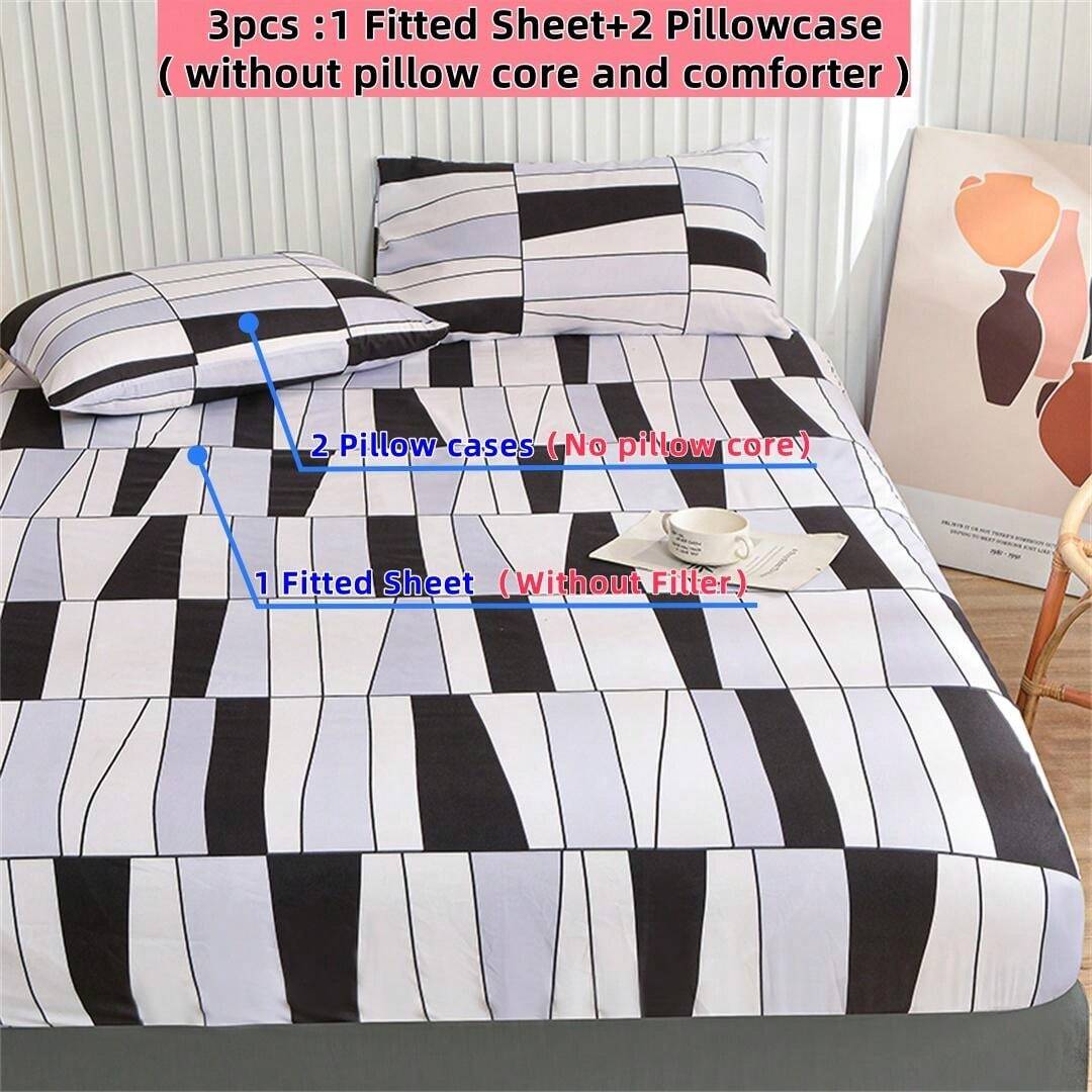 3Pcs Black Check Soft Bedspread, Pillowcase And Elastic Mattress Cover