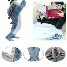 1 件新颖卡通鲨鱼睡衣连帽保暖法兰绒长袍、连体衣睡袋、珊瑚绒舒适透气亲肤家居服、卡通 Waerabld 鲨鱼毯 - 藍色 - 查看 5