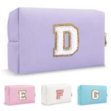 Personalized Initial Letter Patch Makeup Bag, Preppy Small Chenille Letter Cosmetic Bag With Zipper, PU Leather Waterproof Travel Toiletry Bag Monogram Make Up Pouch For Women Girls Makeup Bags Makeup Organizer Make Up Organizer Makeup Storage