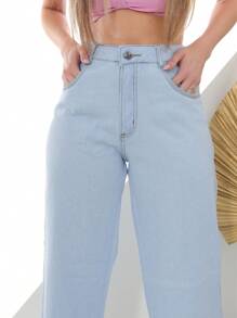 Women's Wide Leg Straight High Waist Jeans - Rửa nhẹ - Xem 5