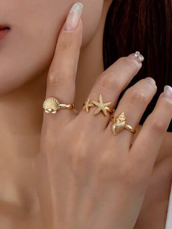 3pcs Fashion Beach Holiday Metallic Starfish, Seashell, Shell Women Rings Set