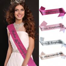 1pc Spanish Language Happy Birthday Sash, Party Glittery Shoulder Strap, Shiny Gold Birthday Belt, Birthday Girl Sash, Party Supplies - Multicolor - View 1