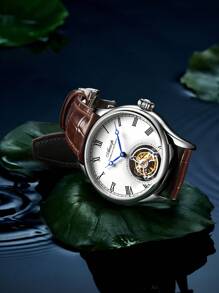 AESOP正品陀飞轮机械男士手表，罗马数字夜光防水，简约商务潮流经典手表 - 銀色 - 查看 4