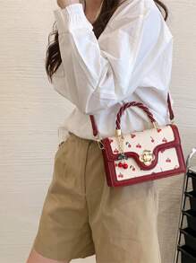Bolso de mano de PU de alta gama con forma cuadrada versátil y estampado de cerezas lindo, perfecto para ir de compras, salir en citas o usar como bandolera para chicas. Elementos kawaii de cerezas para el Día de San Valentín - Burdeos - Ver 3