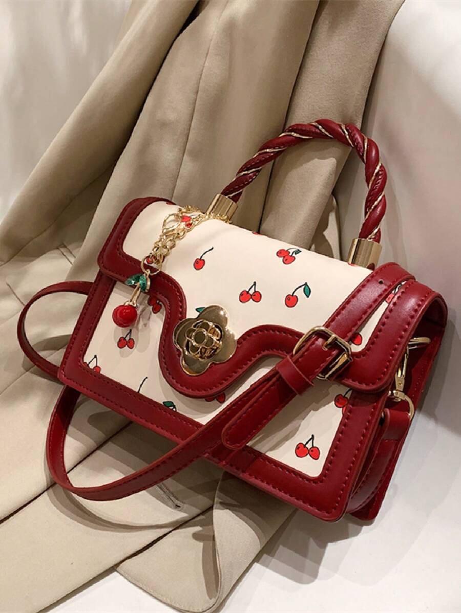 Bolso de mano de PU de alta gama con forma cuadrada versátil y estampado de cerezas lindo, perfecto para ir de compras, salir en citas o usar como bandolera para chicas. Elementos kawaii de cerezas para el Día de San Valentín