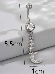 1pc Five-Star Dangle Rhinestone Navel Belly Button Rings Body Piercing Jewelry For Women - Moon Silver - View 2