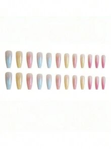 24 uñas postizas largas en forma de ataúd con gradiente nude arcoíris, Set de uñas acrílicas falsas de color ballet liso para mujeres - Multicolor - Ver 3