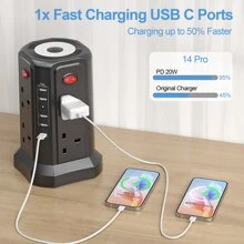 PASSUS UK Overload Protection Electrical Sockets, With Multi-Functional USB Charging Tower With 20W PD Fast Charge Port, Supporting A Total Output Of 3250W Power, Suitable For Home And Office.