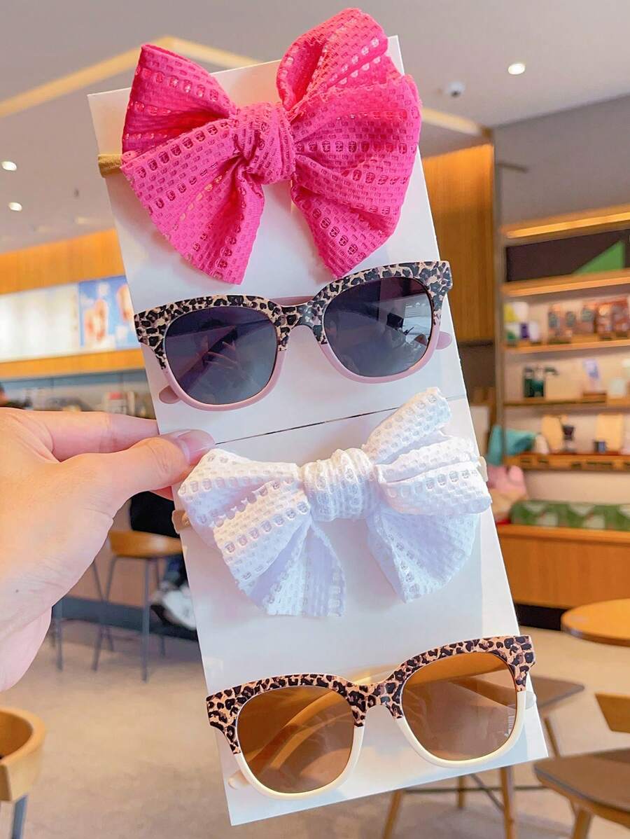 2 Pcs/Set New Baby Girls Boys Cute Solid Color Bowknot Hairband Leopard Asymmetrical Square Kids Children Fashion Glasses Eyewear Hair Accessories Set, Card Only Show, Don't Shipping - Sunglasses+HeadBand - View 1