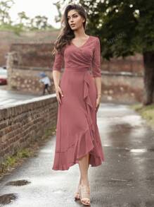 MIUSOL V Neck Floral Lace Ruffle Trim 3/4 Sleeve Evening Party Long Dress