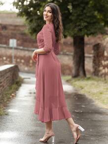 MIUSOL V Neck Floral Lace Ruffle Trim 3/4 Sleeve Evening Party Long Dress