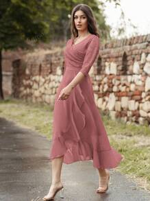 MIUSOL V Neck Floral Lace Ruffle Trim 3/4 Sleeve Evening Party Long Dress