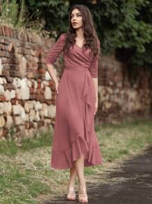 MIUSOL V Neck Floral Lace Ruffle Trim 3/4 Sleeve Evening Party Long Dress