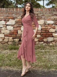 MIUSOL V Neck Floral Lace Ruffle Trim 3/4 Sleeve Evening Party Long Dress