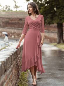 MIUSOL V Neck Floral Lace Ruffle Trim 3/4 Sleeve Evening Party Long Dress