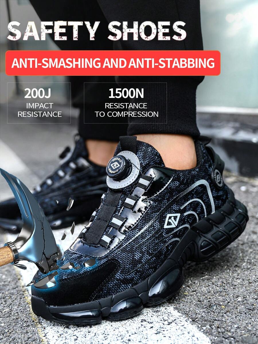 Zapatos De Seguridad Para Hombres Con Punta De Acero A Prueba De Pinchazos, Con Placa De Acero Liviano, Transpirable Y Cómodo, Suela Suave Y Antideslizante Con Almohadilla De Aire, Parte Superior De Tela Con Ventilación, Para Prevención De Peligros En Sitio Industrial Y Construcción. Antiodor, A Prueba De Pinchazos, Antideslizante, Con Punta De Acero, Zapatos De Trabajo Al Aire Libre - Gris Oscuro - Ver 1