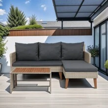3 Piece Patio Sectional Wicker Rattan Outdoor Furniture Sofa Set Natural Yellow Wicker + Dark Grey Cushion YY Choice