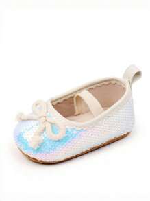 白色婴儿鞋，时尚亮片婴儿女童鞋，蝴蝶结婴儿学步鞋，软底新生儿学步鞋 - 白色 - 查看 5