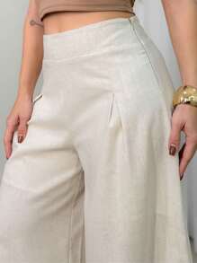 EMILI Women's Chambray Pantalone Pants / Side Zipper / Without Belt / Short Lining. - 米色 - 查看 4