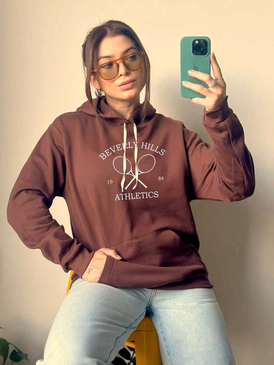 Women's Sweatshirt Tumblr Cold Blouse Streetwear Premium Coat Kangaroo Hooded Sweatshirt Premium Winter Blouse Beverly Hills Girl Patricinha 7051 - Rỉ Nâu - Xem 1