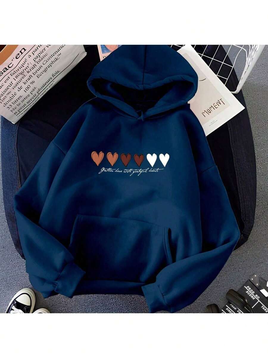 Women's Kangaroo Sweatshirt Printed 6 Hearts - 藏蓝色 - 查看 1
