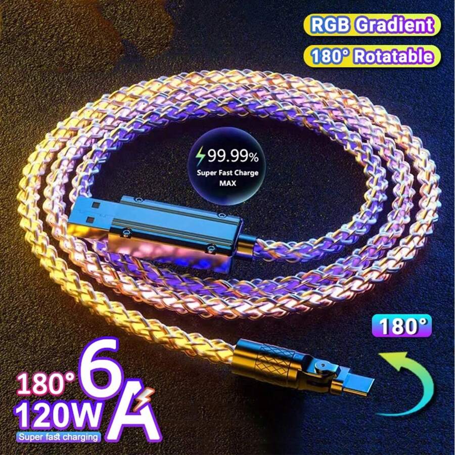 120W RGB 超级快速充电线，带 180° 可旋转 LED 灯，USB 转 Type-C/Micro/Lightning 数据线，兼容 iPhone/小米/Android/华为通用高效充电器适配器 - Cable*1 - 查看 1