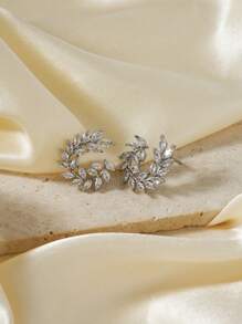 方晶鋯石樹葉耳釘 - 銀色 - 查看 5