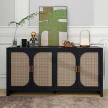 Rattan Storage Sideboard Buffet Cabinet With 4 Doors And Adjustable Shelves, Wood Accent Cabinet Sideboard, 59.1''Accent Cabinet With Storage, For Living Room, Dining Room, Entryway, Kitchen - 黑色 - 查看 3