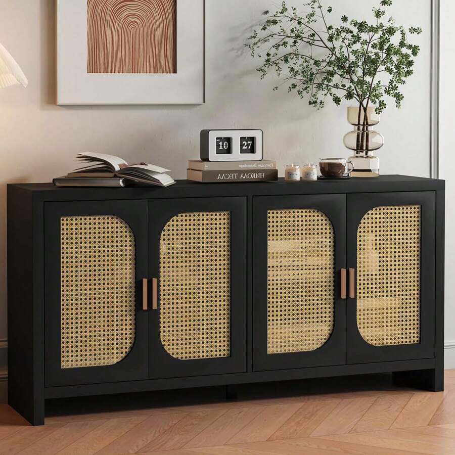 Rattan Storage Sideboard Buffet Cabinet With 4 Doors And Adjustable Shelves, Wood Accent Cabinet Sideboard, 59.1''Accent Cabinet With Storage, For Living Room, Dining Room, Entryway, Kitchen - 黑色 - 查看 1
