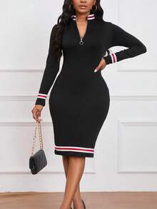 Striped Print Zip-Up Dress, Casual Lightweight Soft Long Sleeve Fitted Mid-Length Dress, Women Spring Elegant - Black - View 3