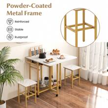 3 Piece Dining Table Set, Extendable Kitchen Table With 2 Stools, Rolling Dining Room Table Set With 6-Bottle Wine Rack, Shelves & Side Pushing Handle, Folding Breakfast Table Set, Gold + White - White - View 6