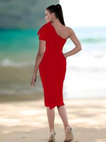 Vestido medio para fiesta sexy ajustado de moda para mujer - Rojo - Ver 2