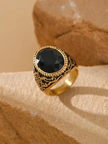 1pc Stainless Steel 18K Gold Plated Inlaid Cubic Zirconia Retro Business Oval Pattern Men's Rings Gift Jewelry - Cubic Gemstones - View 12