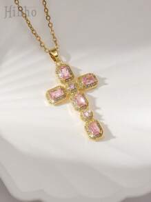 Hihho Colar com pingente de cruz da Virgem Maria em zircônia colorida estilo europeu, 1 peça, adequado para uso diário feminino, festas, reuniões, melhor presente para amigos, joias elegantes e versáteis, acessório de design exclusivo para presente
