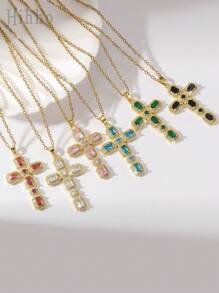Hihho Colar com pingente de cruz da Virgem Maria em zircônia colorida estilo europeu, 1 peça, adequado para uso diário feminino, festas, reuniões, melhor presente para amigos, joias elegantes e versáteis, acessório de design exclusivo para presente