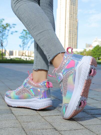 Teenager Spring/Autumn Wheel Sneakers, Upgraded Version With Four Wheels For Stability & Removable, Suitable For Daily Wear, Back To School, Campus, Student Shoes ,Women Shoes With Wheels