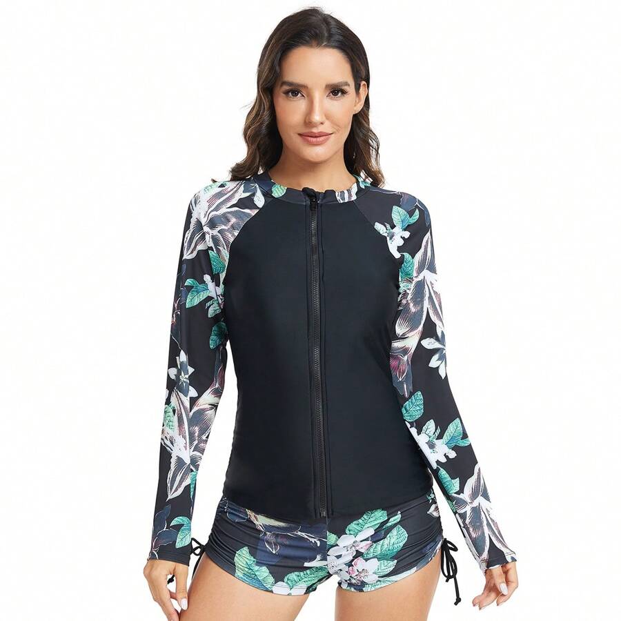 Elegante traje de baño de dos piezas, cómodo y con protección solar, top y braguita - Verde - Ver 1