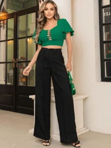 Wide Leg Pantalona Linen Dress Pants With Pocket Women's Pantalona Pants - màu đen - Xem 5