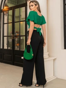 Wide Leg Pantalona Linen Dress Pants With Pocket Women's Pantalona Pants - màu đen - Xem 2