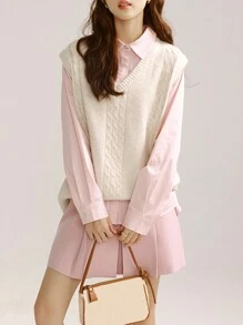 抗衰老且多用途的麻花V領無袖毛衣背心 - 米色 - 查看 4