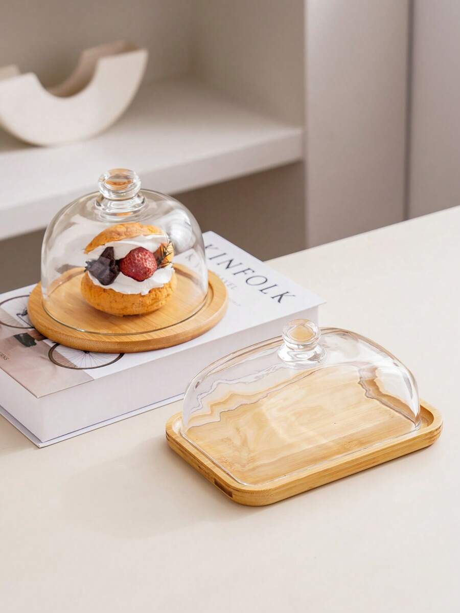 1 khay gỗ tre có nắp thủy tinh, khay trưng bày thực phẩm/bánh bằng gỗ tre trong suốt sang trọng tối giản theo phong cách Bắc Âu Nhật Bản dành cho khách sạn, nhà hàng, tiệm bánh, quán cà phê, triển lãm, siêu thị, phòng khách, thích hợp để trưng bày bánh, bánh mì, món tráng miệng, đồ ăn nhẹ - Trong sáng - Xem 1