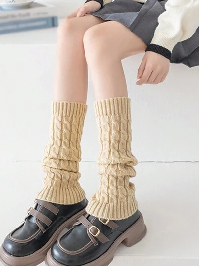 1對扭曲圖案保暖長筒襪套，針織保暖堆堆襪套，適用於秋冬季節，中筒襪套