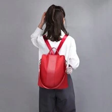 Women's Small Anti-Theft Nylon Backpack With Pom Pom Pendant Versatile Rucksack For Girls Ladies Travel School And Everyday Use Two Way Shoulder Bag - Burgundy - View 7