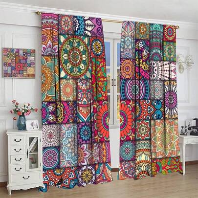 2 paneles Cortinas bohemias con mandala y flores, círculos de colores abstractos, flores bohemias modernas para el dormitorio, la sala de estar o la habitación con cortinas opacas