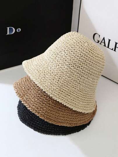 女士手工折叠编织渔夫帽，韩式夏季沙滩太阳帽